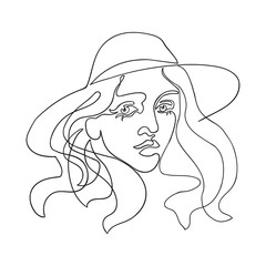 Vector outline black and white illustration of woman in hat. One line drawing isolated on white background. Use it for design card, poster, banner, social Media post, fashion print, beaty salon logo