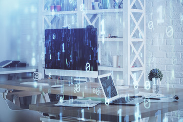 Multi exposure of computer on background and technology theme drawing. Concept of innovation.