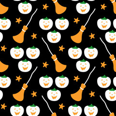Seamless pattern for Halloween. Happy pumpkins with brooms and stars on a black background. Cute vector illustrations for holiday decorations, cards, banners, wrappings, prints, fabrics, textiles, etc