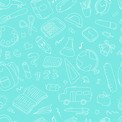 Vector seamless doodle pattern school and school supplies, stationery, books, backpacks, school bus.
