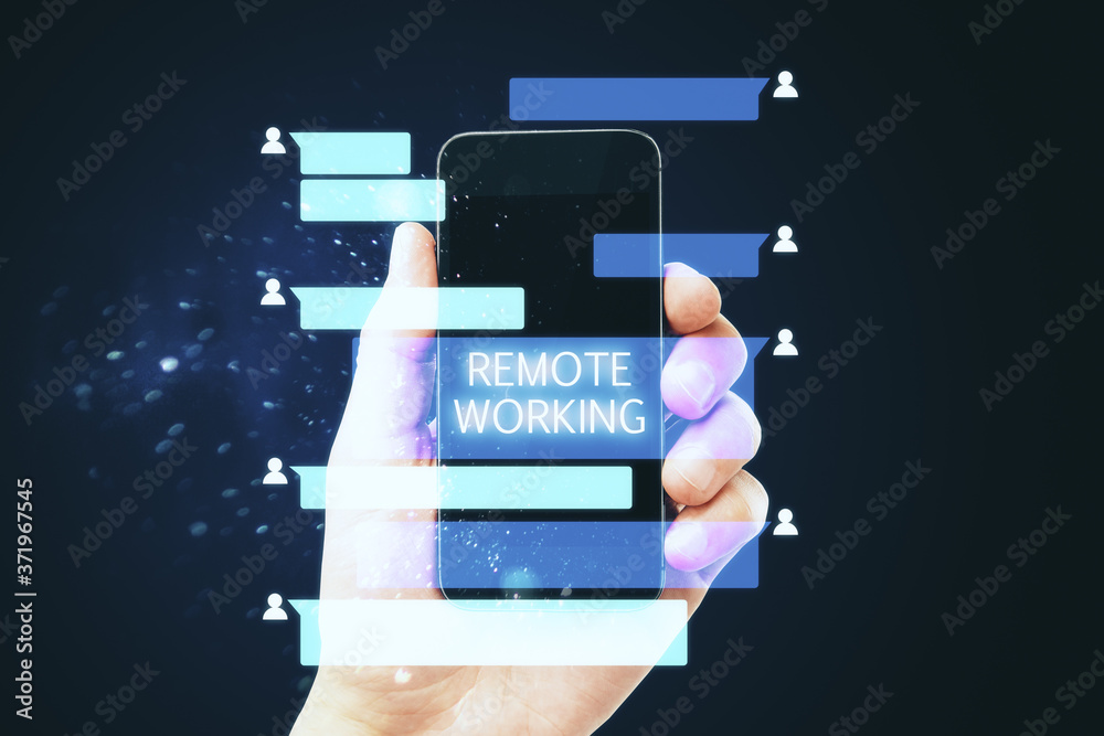 Aufkleber hand holding smart phone with abstract remote work text on screen.
