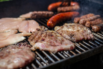 Garden barbeque - grilling steaks, sausages, kebabs and chicken meat - close-up