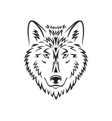Beautiful wolf head black line tattoo illustration on white background. - Vector
