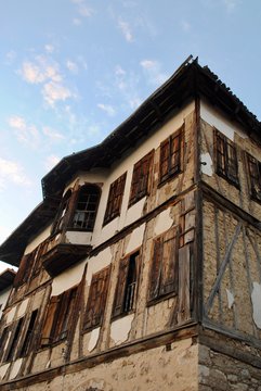 Low angle view of Ottoman house against blue sky in Yoruk village. Safranbolu Turkey