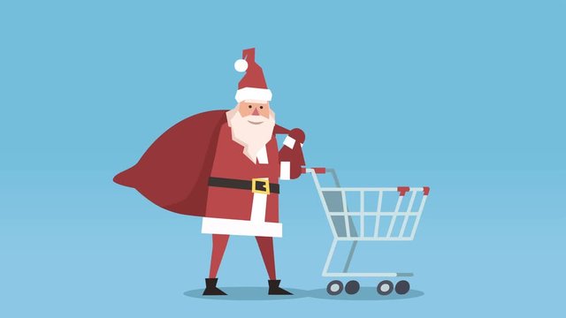 Flat Happy Santa Claus with Gifts Bag Isolated Cartoon Character. Walk Cycle with Shopping Cart Animation