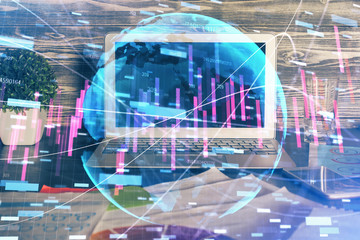 Multi exposure of chart and financial info and work space with computer background. Concept of international online trading.