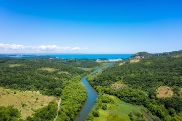 Aerial view of the picturesque curves of a river among lush vegetation that flows into the sea,...