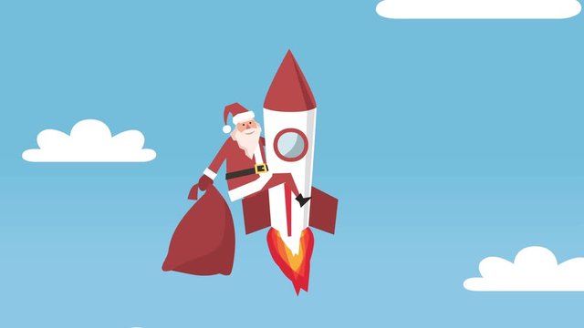 Flat Happy Santa Claus Cartoon Character Flies Up, on a Rocket with Gifts Sack Animation. luma matte.