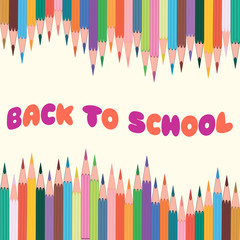 Bright illustration with colorful pencils and colored inscription Back to school. Template of school poster, poster or banner. Vector illustration.