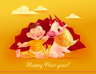 Chinese new year congratulation card, invitation, calendar design with oriental animal bull mascot and boy character in hanfu suit sit at big hand fan on yellow clouded background. Vector illustration