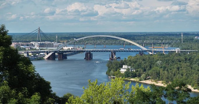 Construction of a new big bridge over a Dnieper river in Kyiv, Ukraine