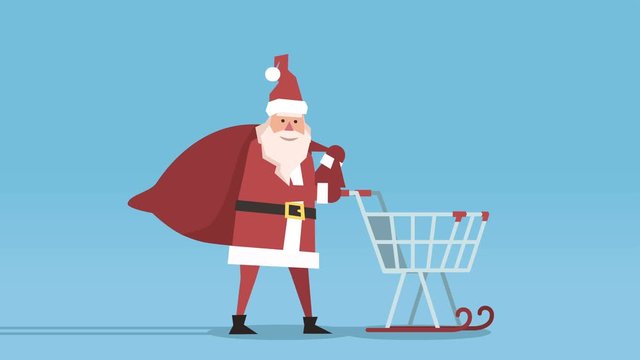 Flat Happy Santa Claus Isolated Cartoon Character Walk Cycle with Gift Sack and Shopping Sleigh Cart Animation