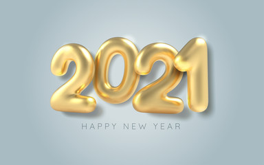 3D Realistic golden inscription balloon 2021 on blue background. Golden metallic text new year for banner design. Vector