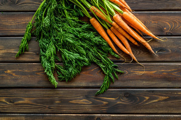 Carrot harvest. Vegetables with green tops top view space for text