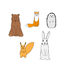 Set of forest animals, vector illustration, bear, fox, hedgehog, squirrel and hare, hand drawing, colored