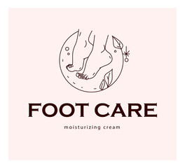 Foot care logo design with pair of bare woman feet arranged together and some decorative elements isolated on light background. Foot icon. Vector line art illustration.