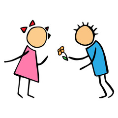 Boy gives flowers to the girl with bows. Vector illustration doodle boy and girl. Hand drawn.