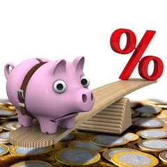 Unprofitable interest rates. Sad pig piggy bank, overtighten a belt, weighed on the scales with a red percentage symbol on the surface of coins. 3D illustration - obrazy, fototapety, plakaty
