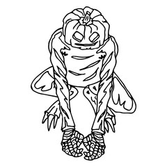 Pumpkin monster with wings for Halloween. Vector illustration pumpkin monster and skulls. Hand drawn scary pumpkin with scythe and wings.