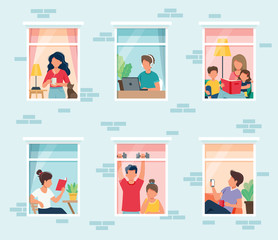 Stay home concept. People looking out windows. Social isolation during epidemic. Cute illustration in flat style