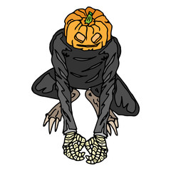 Pumpkin monster with wings for Halloween. Vector illustration pumpkin monster and skulls. Hand drawn scary pumpkin with scythe and wings.
