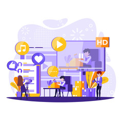 Bloggers streaming flat vector illustrations. Influencer marketing. Streamers, vloggers tiny people characters. online review vlogs content creators. Vector illustration