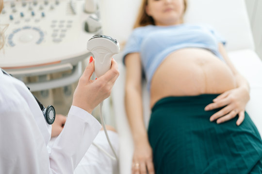 Close-up of female doctor holding in hand scanner covered with ultrasound gel for performing ultrasound of belly of pregnant woman in medical clinic. Concept of happy and healthy childbearing.