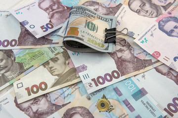 Ukrainian hryvnia and dollar exchange close-up top view