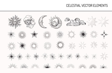 Set of Vintage Design Elements. Sun, Moon, Stars, Moonlight Oriental Style Celestial Astrological Symbols for Fabric