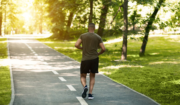 Back view of African American runner jogging at park on summer morning, blank space