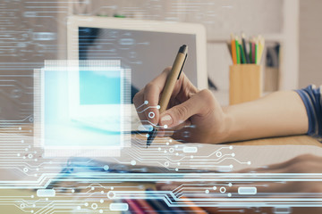 Double exposure of woman's hands on background with technology and digital coding icons. Data...