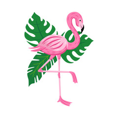 Cute cartoon flamingo with tropical leaves standing on one leg