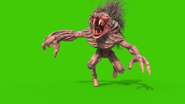 Mane Monster Long Fangs Attaks Green Screen Front 3D Rendering Animation