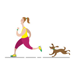 Cartoon running girl with dog in flat style. Vector illustration