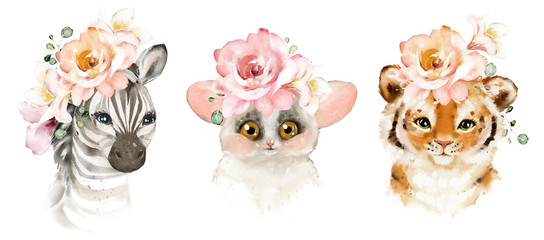 .Watercolor illustration tropical animal portrait. Exotic kids summer print for party. Cute poster with zebra, tiger, lemur © lisima