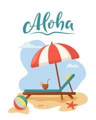 Travel and summer beach vacation relax concept. Tropical island with umbrella, ball and beach lounger. Flat vector illustration. Aloha. Tropical beach relax