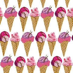 Seamless pattern with pink and purple ice cream cones