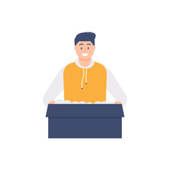 illustration of a man opening a box or unboxing. flat design. can be used for elements, landing pages, UI, websites