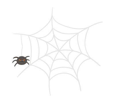 Vector web and spider with orange eyes. Halloween character icon. Cute autumn all saints eve illustration with scary black insect. Samhain party sign design for kids. .