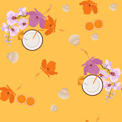 Seamless vector summer illustration with hibiscus flowers, orchids, coconut, seashells