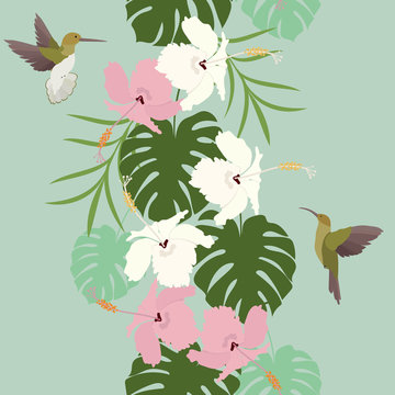 Seamless vector illustration with hibiscus flowers and a birds