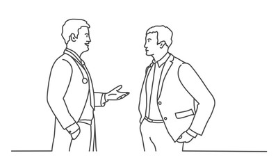 Fototapeta na wymiar Doctor and man talking. Line drawing vector illustration.