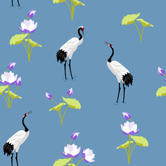 Seamless vector illustration with Japanese cranes and lotuses ,