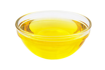 Cooking oil in glass bowl isolated on white background