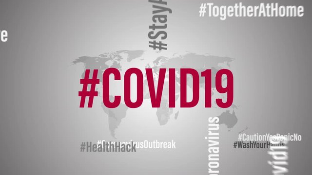 COVID19 world hashtag word cloud motion background concept. 4K 3D rendering COVID 19 and Coronavirus tag cloud on grey world map background. Abstract concept Corona virus disease background. 