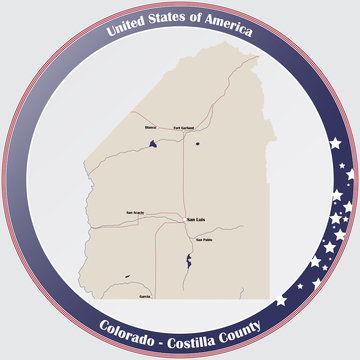 Round button with detailed map of Costilla County in Colorado, USA.