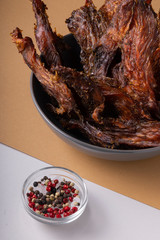 selective focus, dried chicken meat