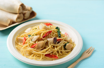 Stir- fried spicy spaghetti with mushroom, Thai style, Vegan food