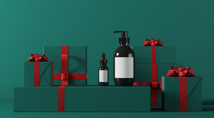 Minimal product background for Christmas, New year and sale event concept. Green gift box with red ribbon bow on green background. 3d render illustration. Clipping path of each element included.