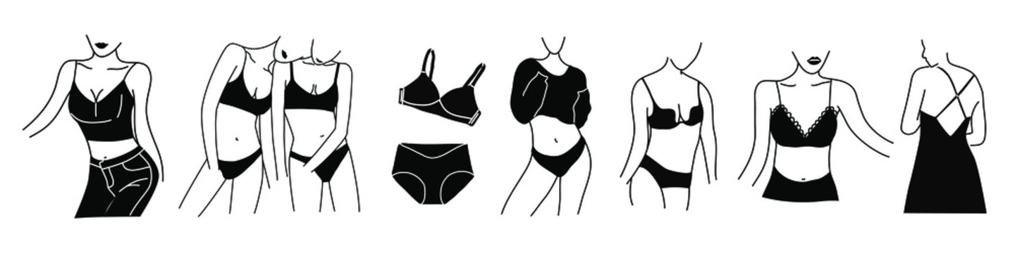 Set Of Sexy Female Outline Body Parts. Stylish Graceful Faceless Lady. Hand Drawn Style. Woman Logos, Elements, Graphic Icons. Black Vector Trendy Illustration. Isolated Background